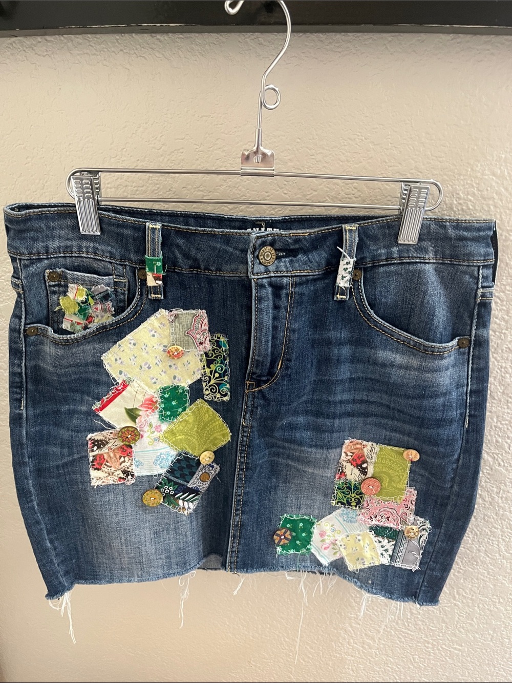 Signature by Levi Strauss Dark Blue Denim Mini Skirt with Colorful Patchwork